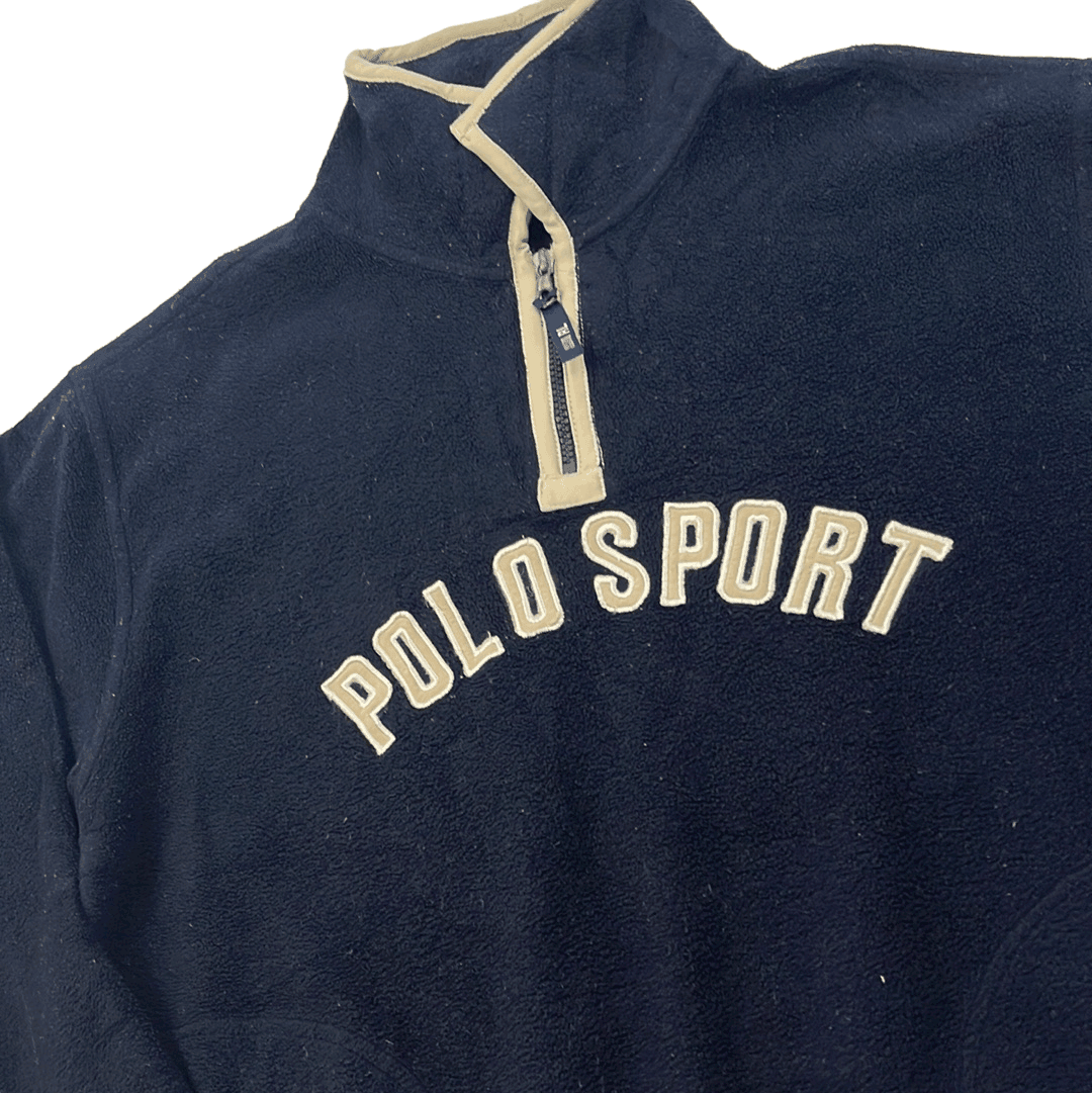 Vintage 90s Navy Blue Ralph Lauren Polo Sport Spell-Out Quarter Zip Fleece - Medium - The Streetwear Studio