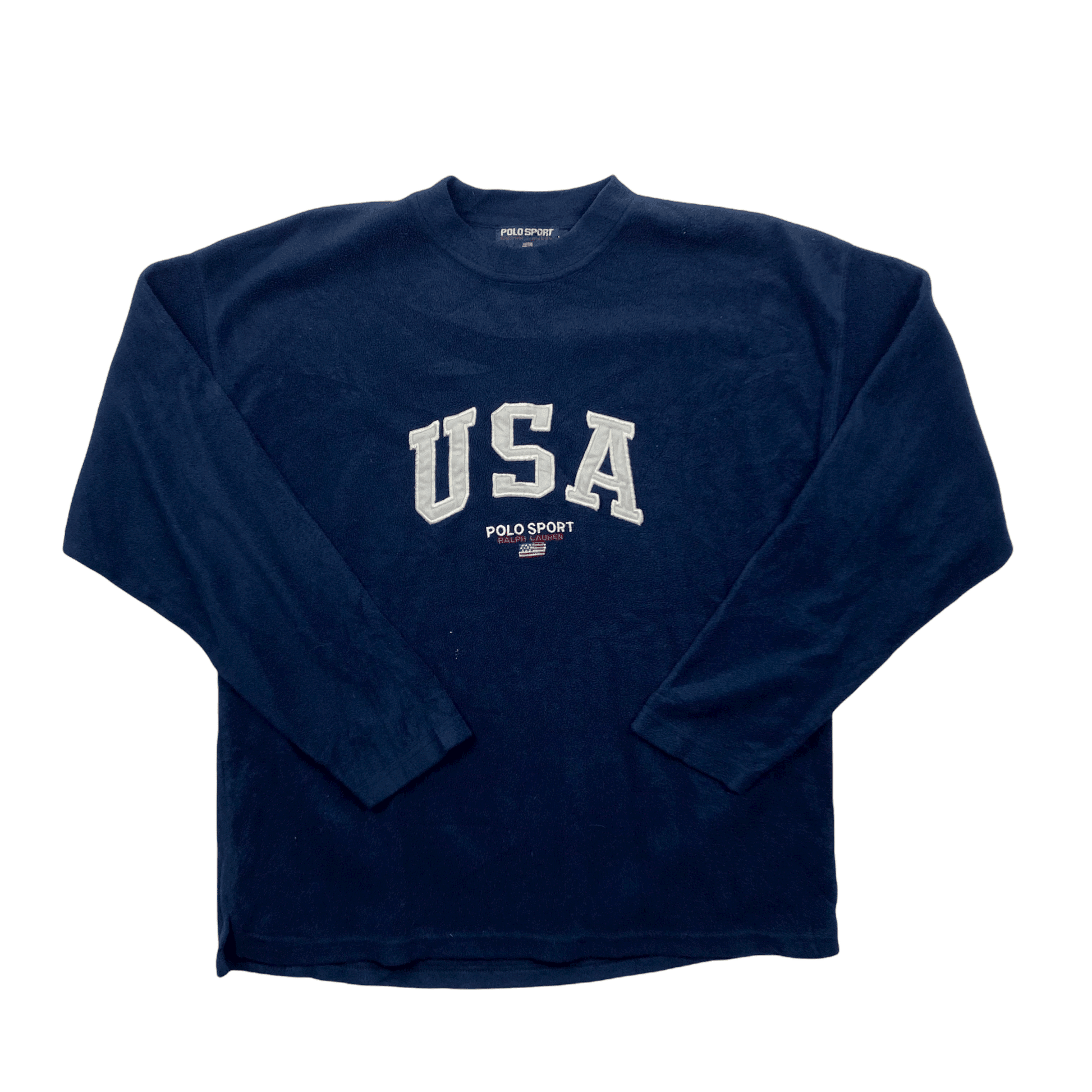Vintage 90s Navy Blue Ralph Lauren Polo Sport USA Spell-Out Fleece Sweatshirt - Extra Large - The Streetwear Studio