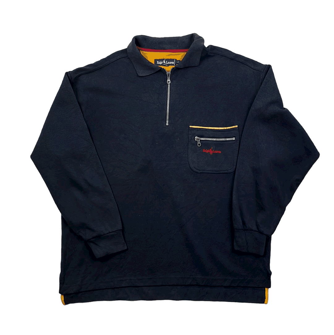 Vintage 90s Navy Blue Ralph Lauren Quarter Zip Sweatshirt - Large - The Streetwear Studio