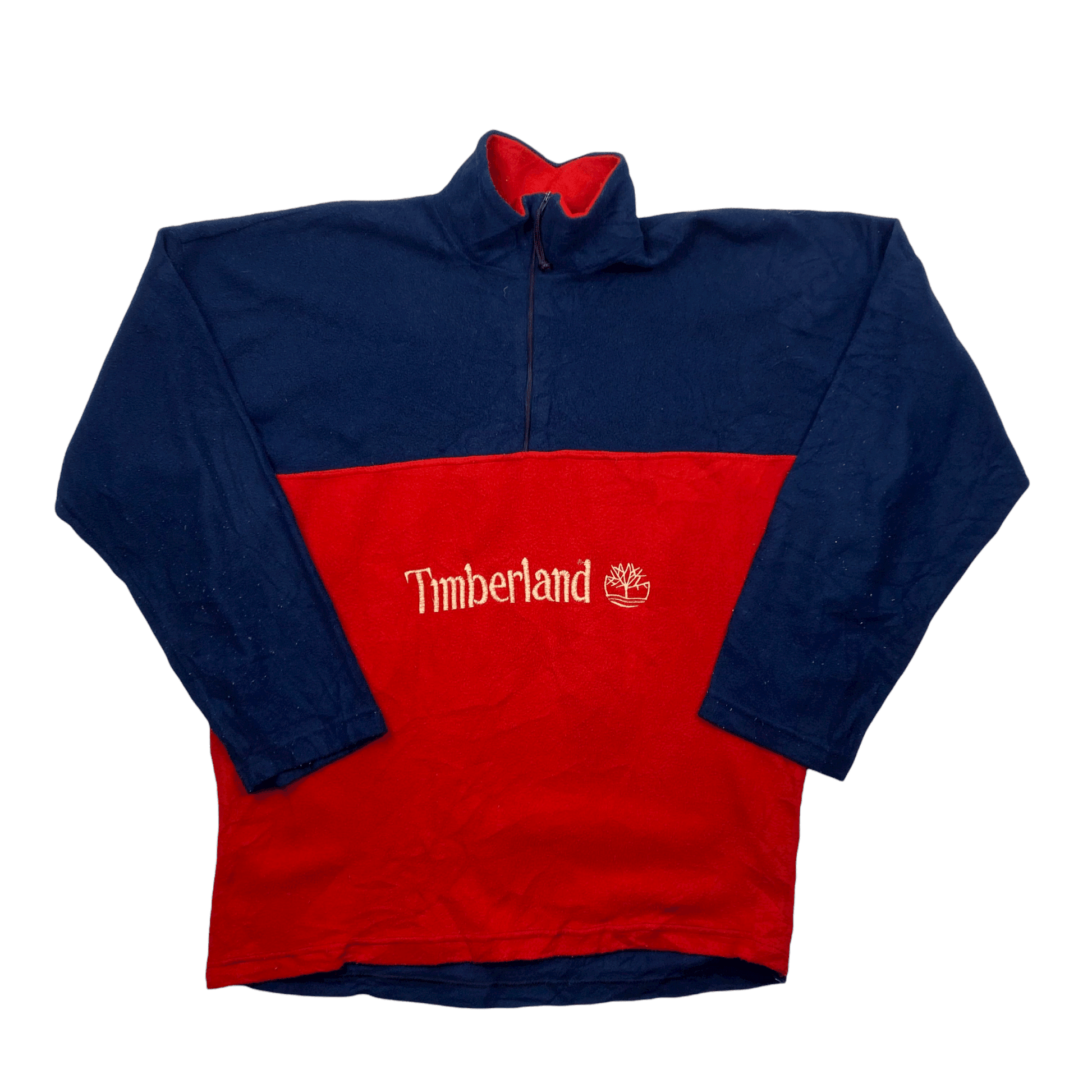 Vintage 90s Navy Blue + Red Timberland Spell-Out Quarter Zip Fleece - Large - The Streetwear Studio