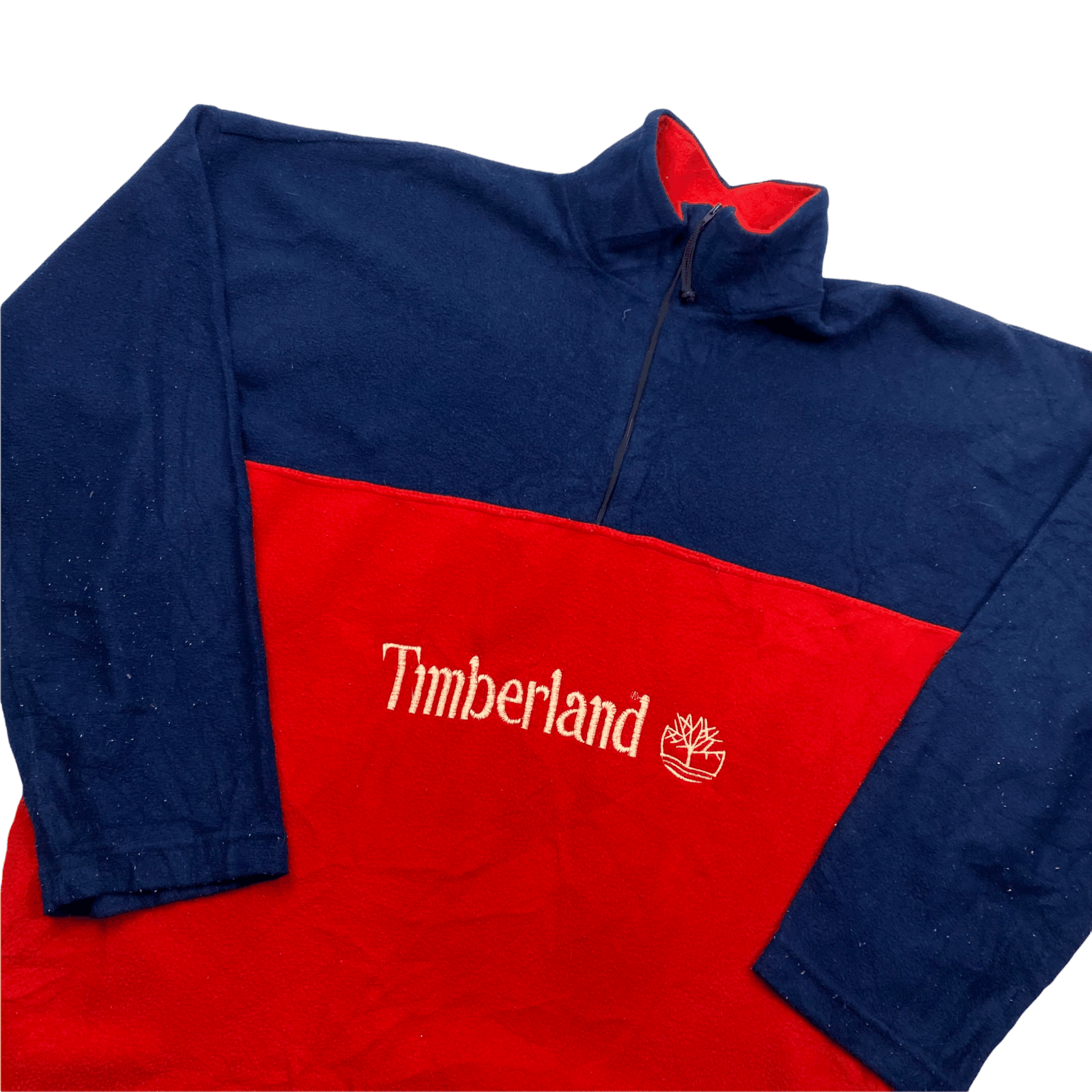 Vintage 90s Navy Blue + Red Timberland Spell-Out Quarter Zip Fleece - Large - The Streetwear Studio