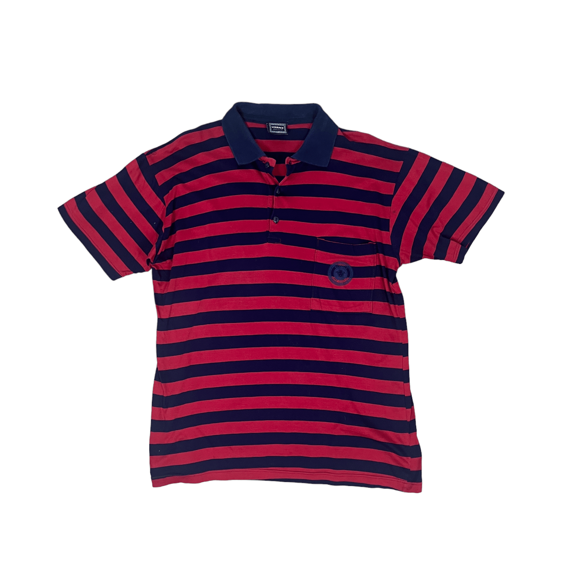 Vintage 90s Navy Blue + Red Versace Striped Polo Shirt - Large - The Streetwear Studio