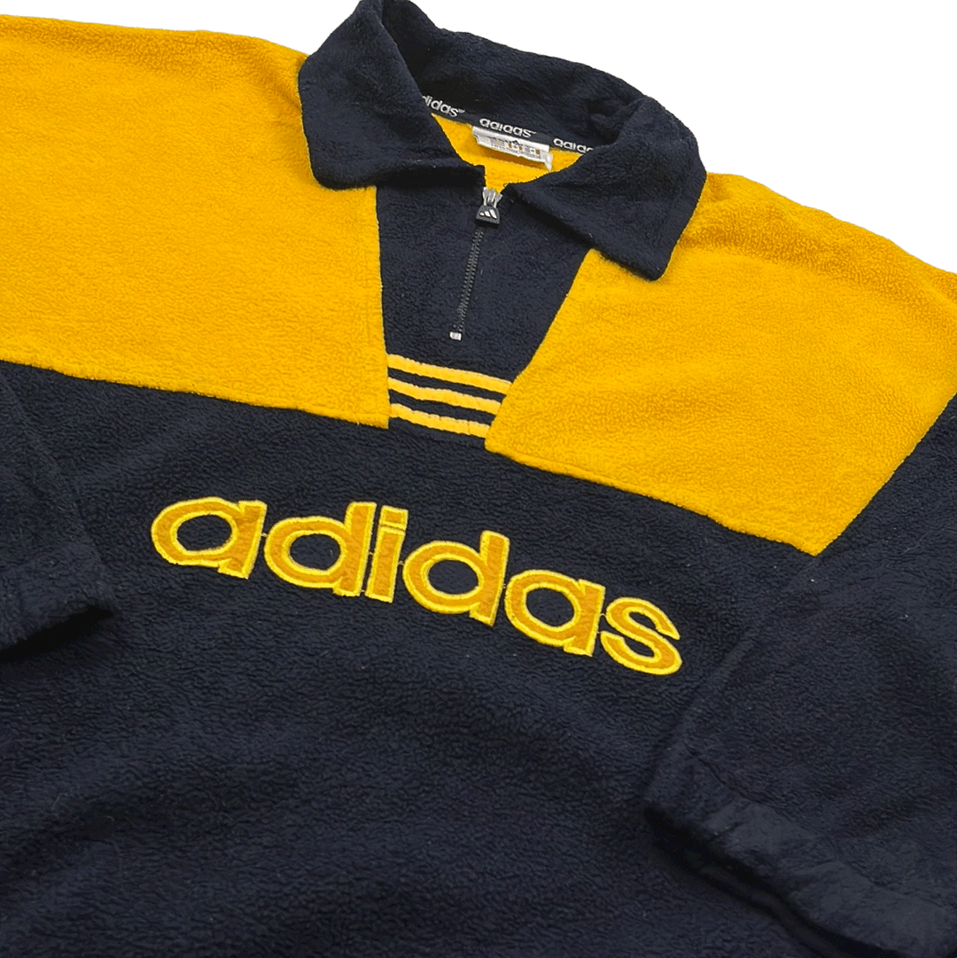 Vintage 90s Navy Blue + Yellow Adidas Spell-Out Quarter Zip Fleece - Extra Large - The Streetwear Studio