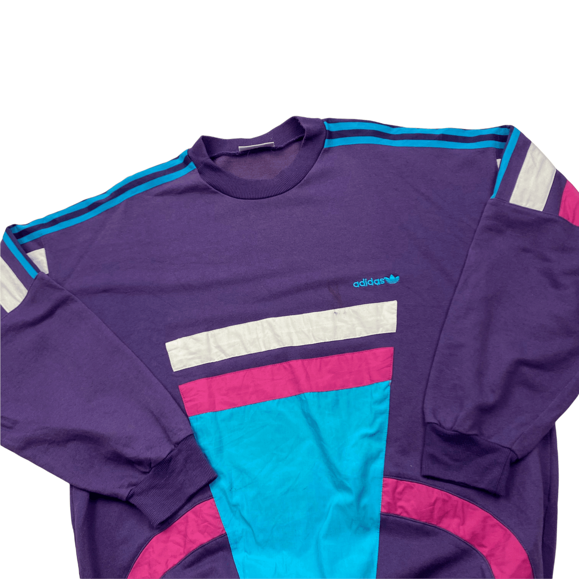 Vintage 90s Purple, Blue + White Adidas Spell-Out Sweatshirt - Large - The Streetwear Studio