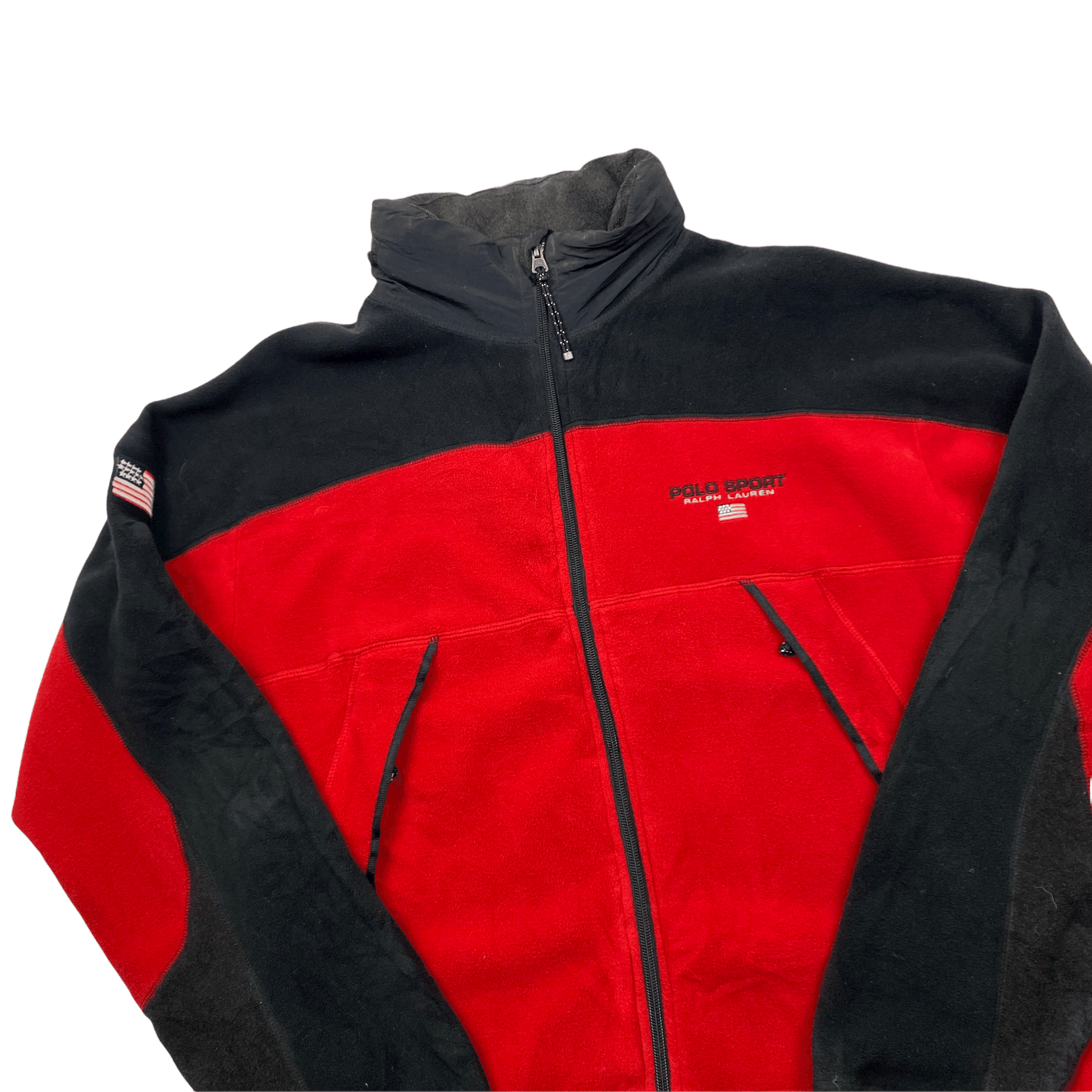 Vintage 90s Red + Black Ralph Lauren Polo Sport Full Zip Fleece Jacket - Medium - The Streetwear Studio