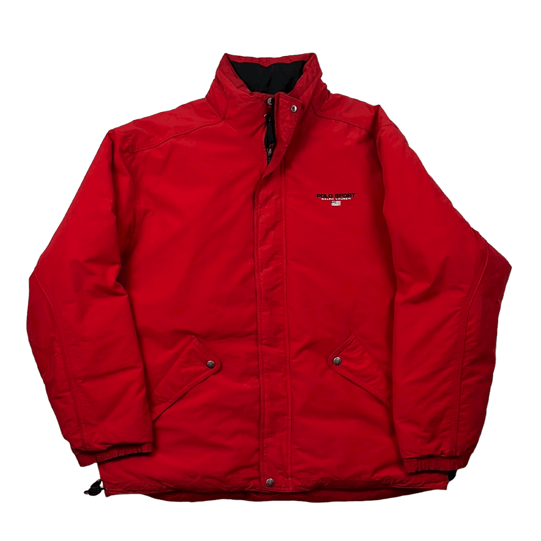 Vintage 90s Red + Black Ralph Lauren Polo Sport Spell-Out Reversible Puffer Coat/ Jacket - Extra Large - The Streetwear Studio