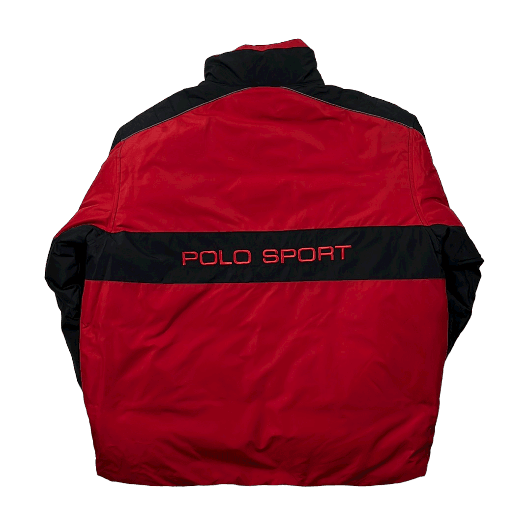 Vintage 90s Red + Black Ralph Lauren Polo Sport Spell-Out Reversible Puffer Coat/ Jacket - Extra Large - The Streetwear Studio