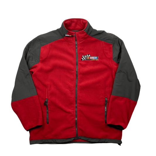 Vintage 90s Red + Grey NASCAR Spell-Out Full Zip Fleece - Extra Large - The Streetwear Studio