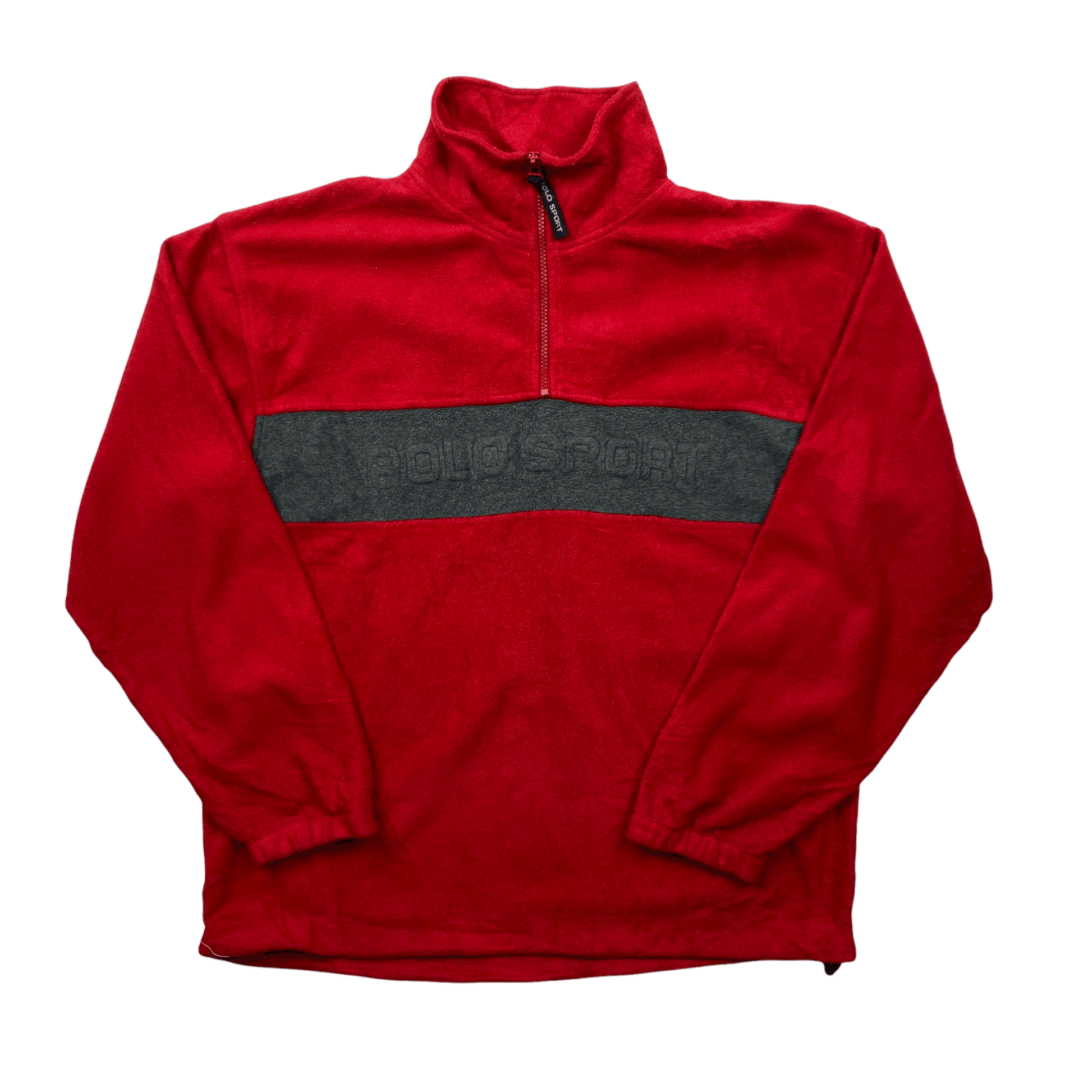 Vintage 90s Red + Grey Ralph Lauren Polo Sport Spell-Out Quarter Zip Fleece - Extra Large - The Streetwear Studio