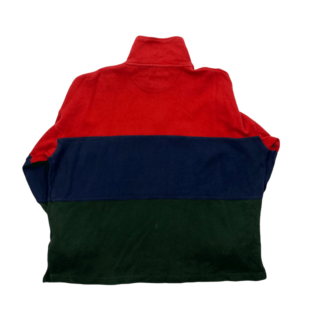 Vintage 90s Red, Navy Blue + Green Yves Saint Laurent Spell-Out Quarter Zip Sweatshirt - Medium - The Streetwear Studio
