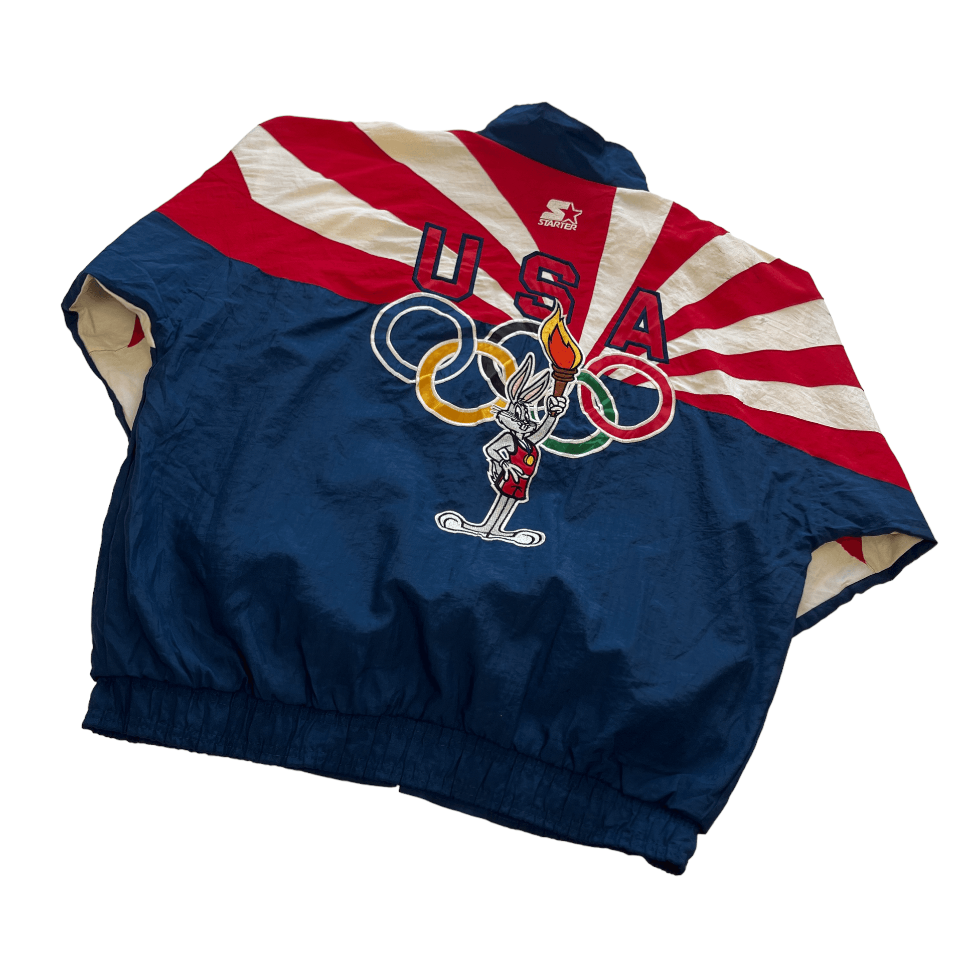 Vintage 90s Red, Navy Blue + White Starter x Looney Tunes USA Jacket - Extra Large - The Streetwear Studio