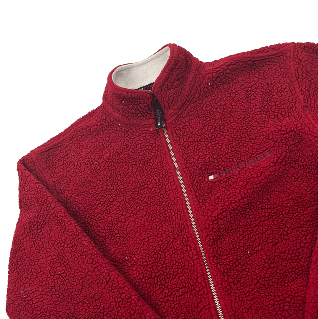 Vintage 90s Red Tommy Hilfiger Full Zip Fleece - Medium - The Streetwear Studio