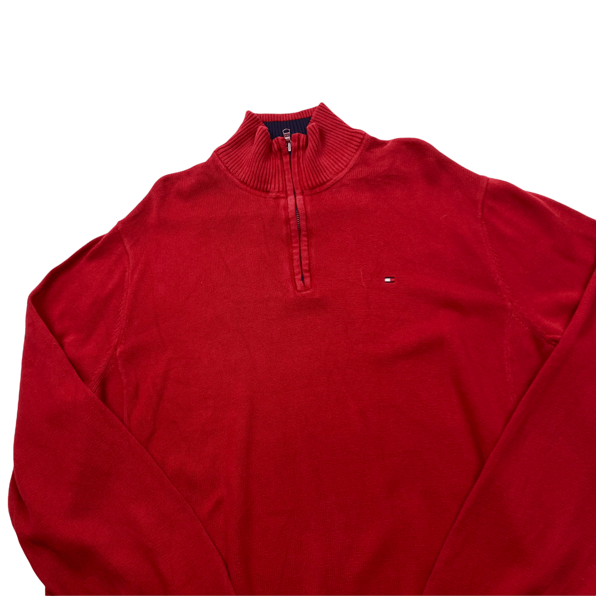 Vintage 90s Red Tommy Hilfiger Quarter Zip Knitted Sweatshirt - Extra Large - The Streetwear Studio