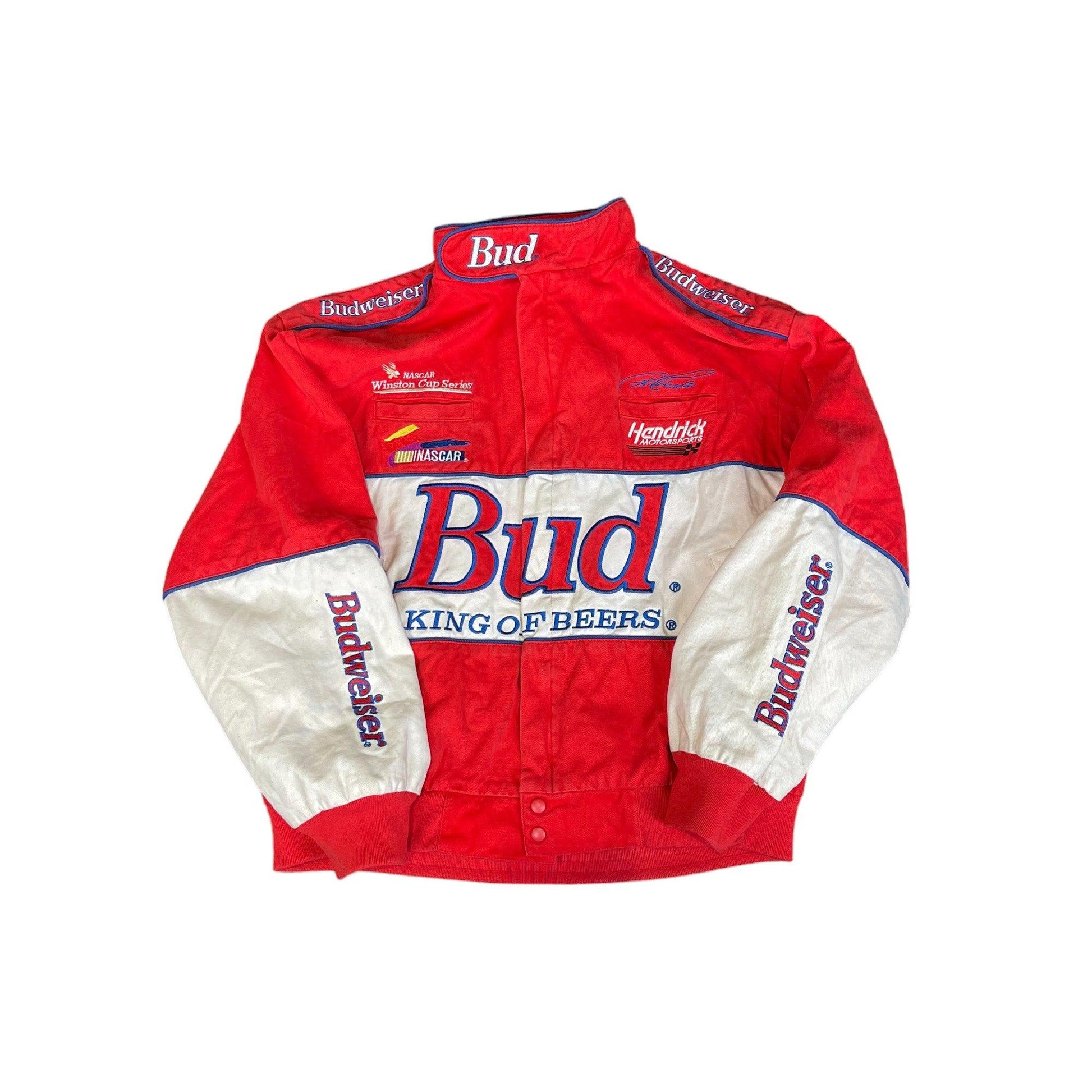 Vintage 90s Red + White Budweiser Racing Jacket - Extra Large - The Streetwear Studio