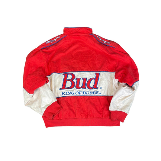Vintage 90s Red + White Budweiser Racing Jacket - Extra Large - The Streetwear Studio