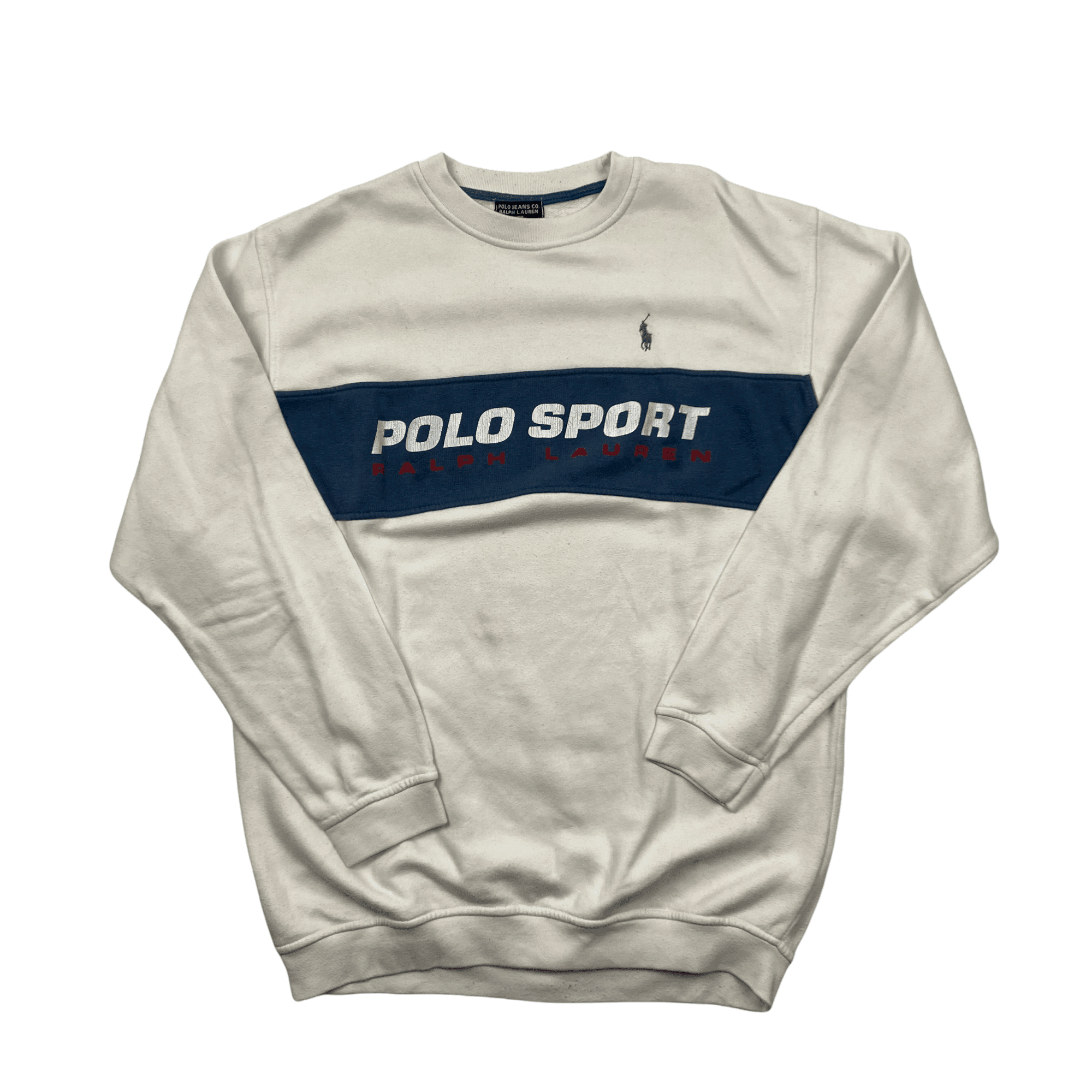 Vintage 90s White + Blue Ralph Lauren Polo Sport Spell-Out Sweatshirt - Extra Large (Recommended Size - Large) - The Streetwear Studio