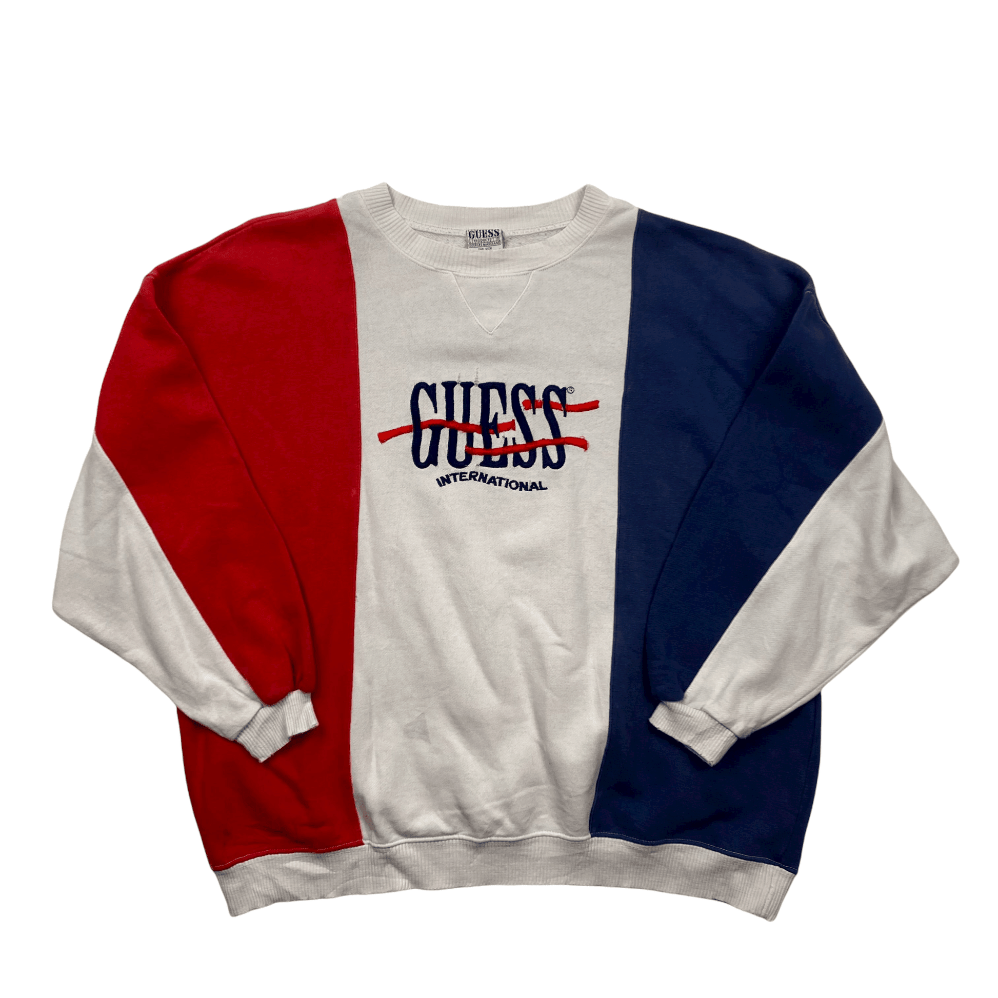 Vintage 90s White, Blue + Red Guess Jeans Spell-Out Sweatshirt - Medium - The Streetwear Studio