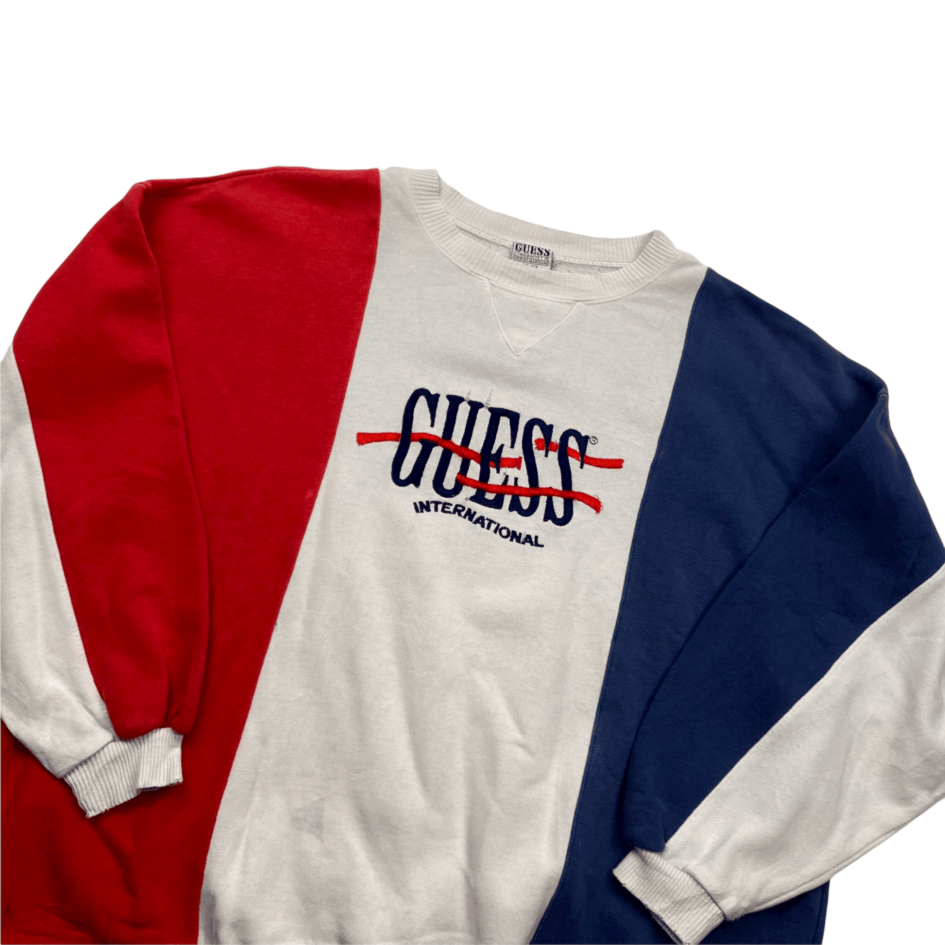 Vintage 90s White, Blue + Red Guess Jeans Spell-Out Sweatshirt - Medium - The Streetwear Studio