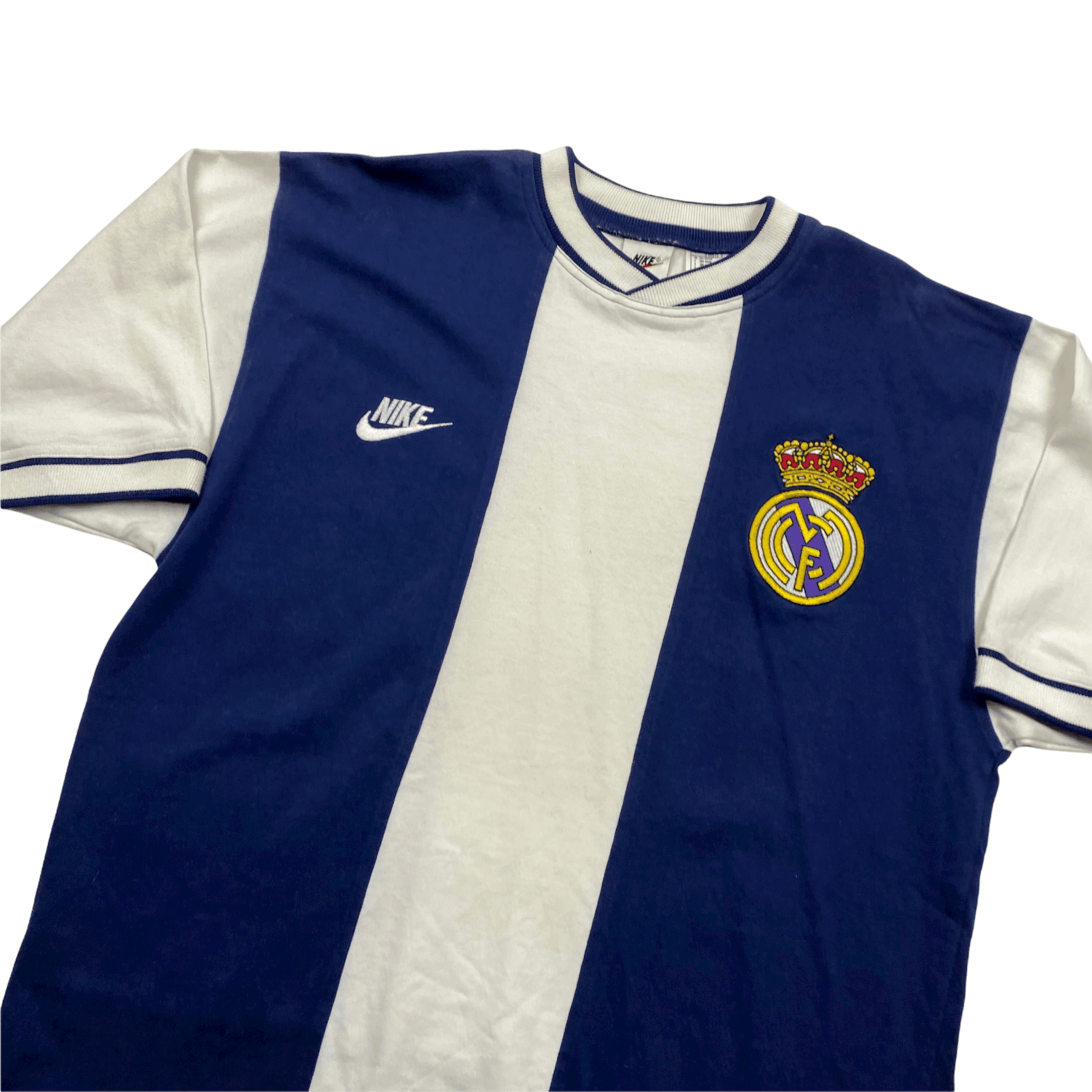 Vintage 90s White + Navy Blue Nike Real Madrid Football Tee - Small (Recommended Size - Medium) - The Streetwear Studio