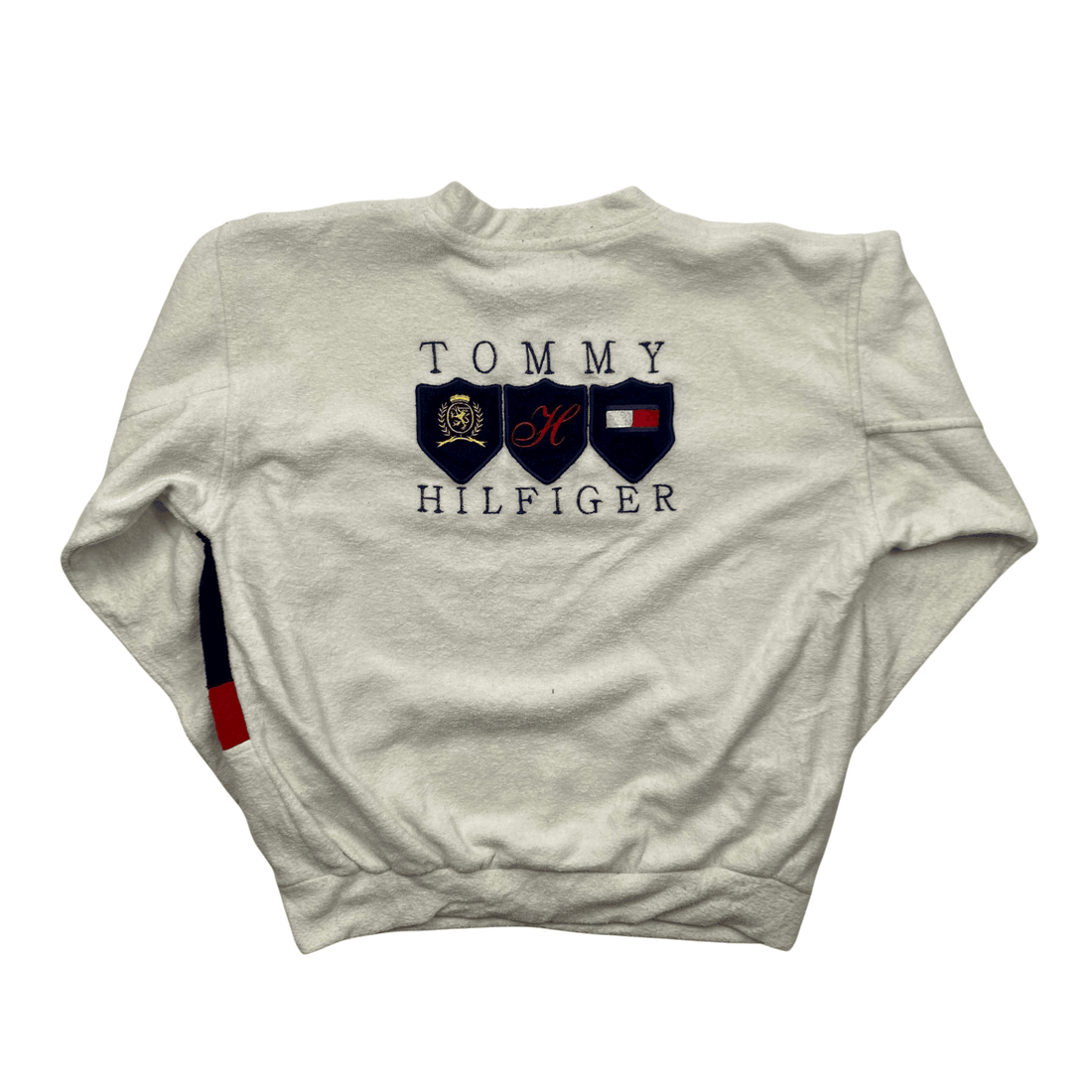 Vintage 90s White, Navy Blue + Red Tommy Hilfiger Spell-Out Fleece Sweatshirt - Small - The Streetwear Studio