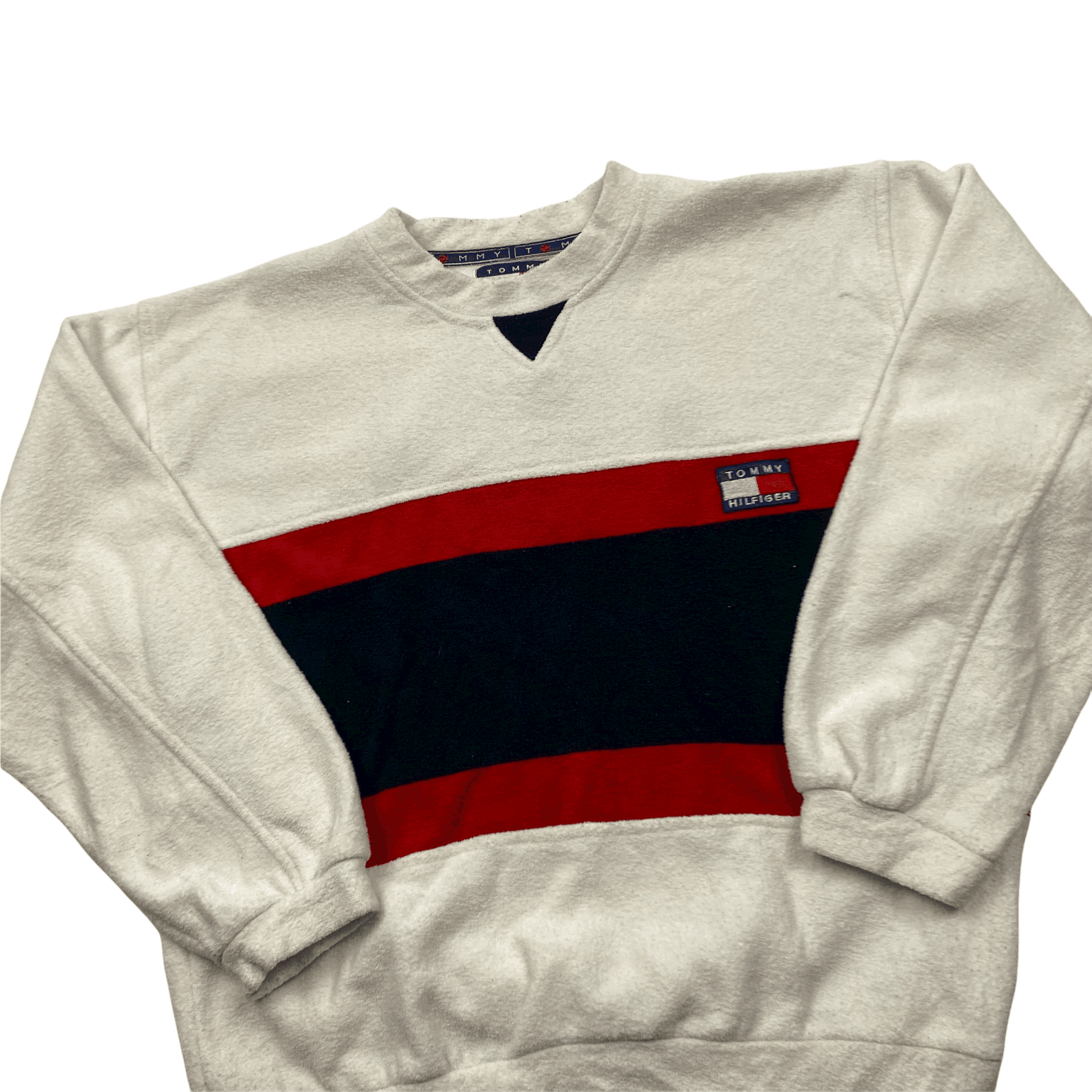 Vintage 90s White, Navy Blue + Red Tommy Hilfiger Spell-Out Fleece Sweatshirt - Small - The Streetwear Studio