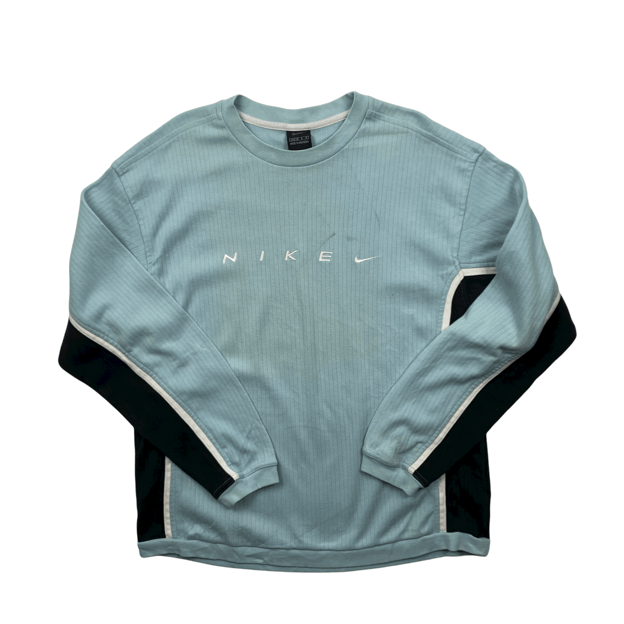 Vintage 90s Women's Baby Blue + Black Nike Spell-Out Sweatshirt - Large - The Streetwear Studio