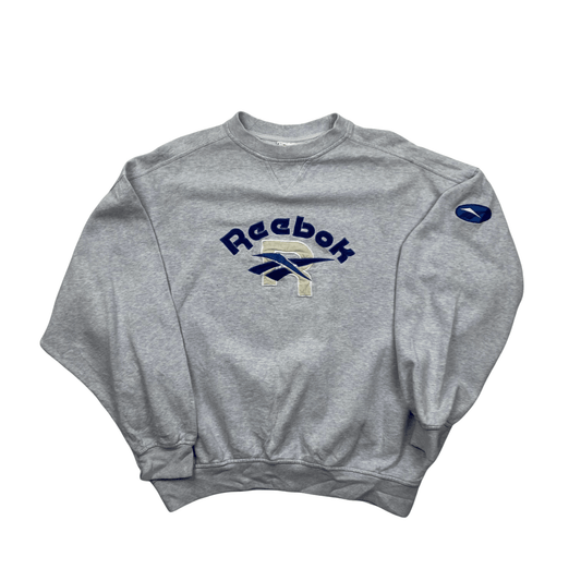Vintage 90s Women's Grey/ Blue Reebok Spell-Out Sweatshirt - Medium - The Streetwear Studio