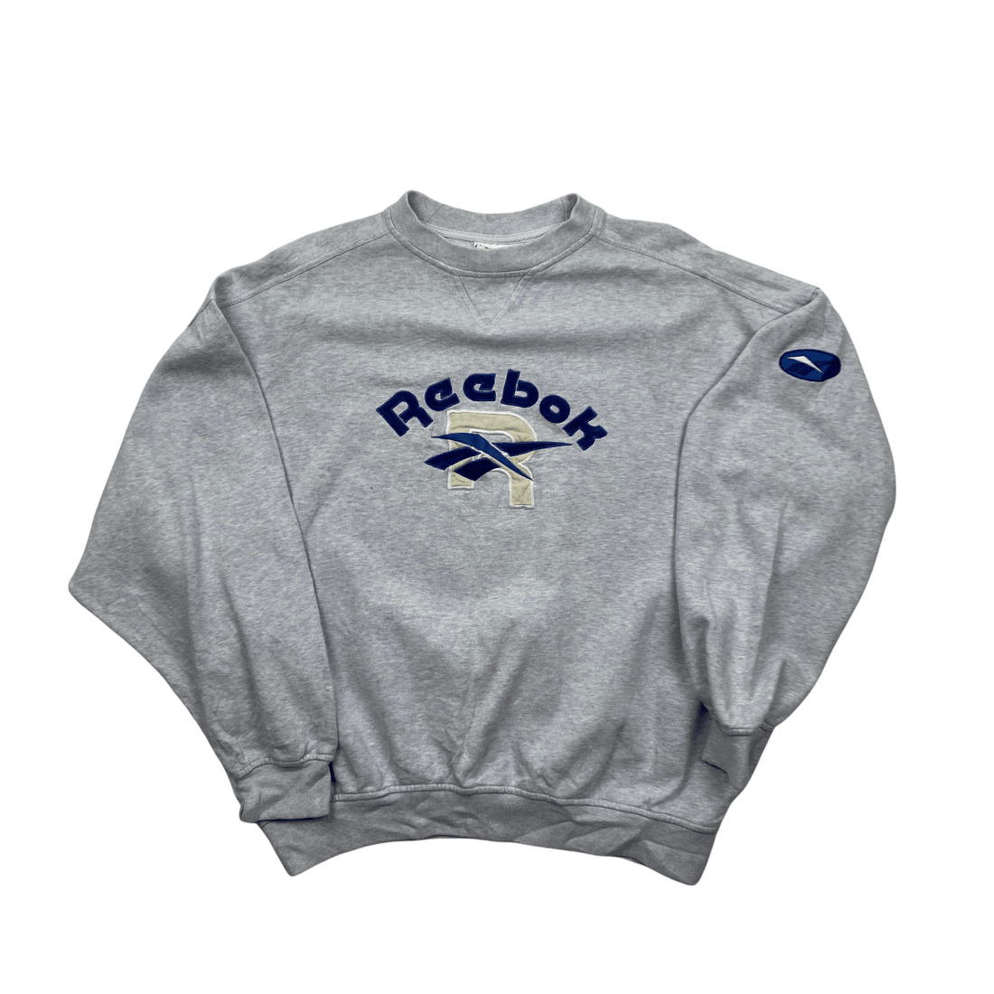 Vintage 90s Women's Grey/ Blue Reebok Spell-Out Sweatshirt - Medium - The Streetwear Studio