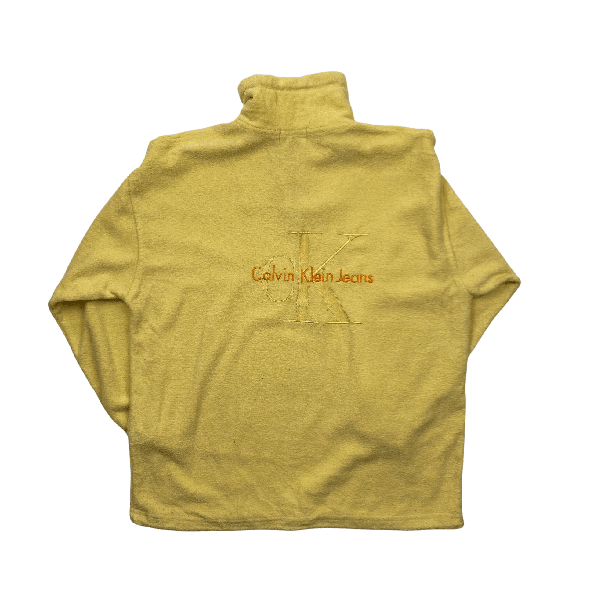 Vintage 90s Yellow Calvin Klein Jeans Spell-Out Quarter Zip Fleece - Small (Recommended Size - Medium) - The Streetwear Studio