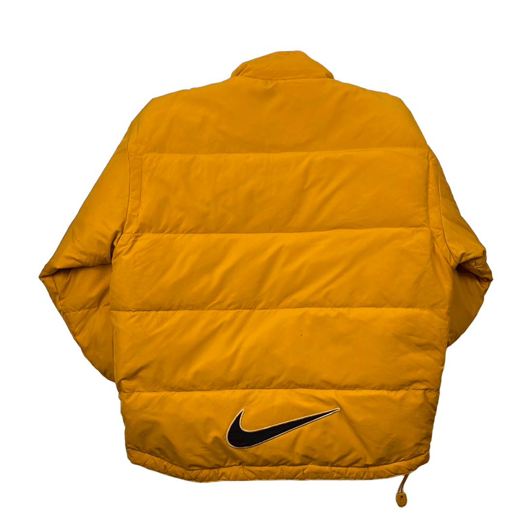 Vintage 90s Yellow Nike Large Logo Puffer Coat/ Jacket - Small - The Streetwear Studio