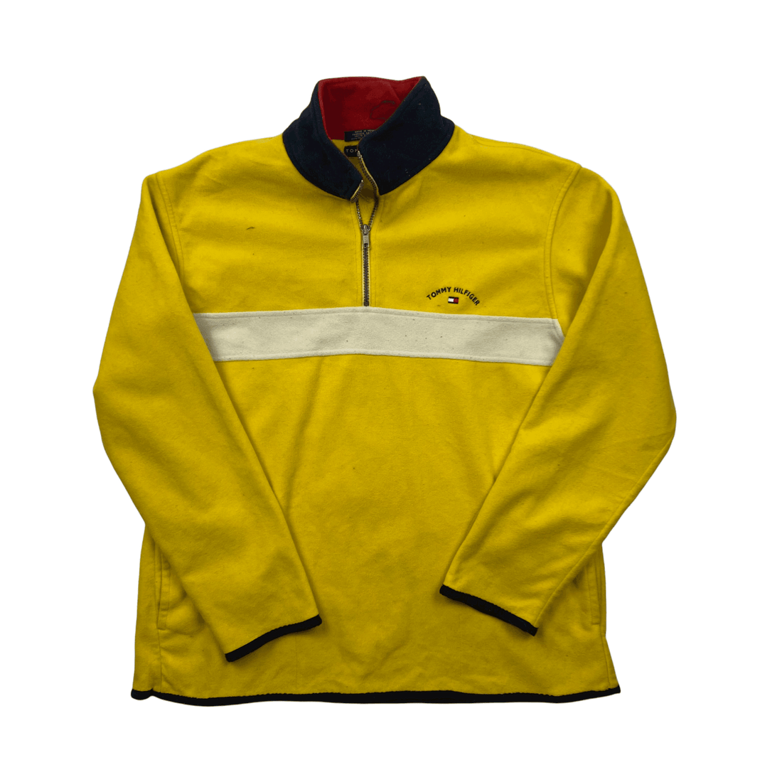 Vintage 90s Yellow + White Tommy Hilfiger Spell-Out Quarter Zip Fleece - Large - The Streetwear Studio