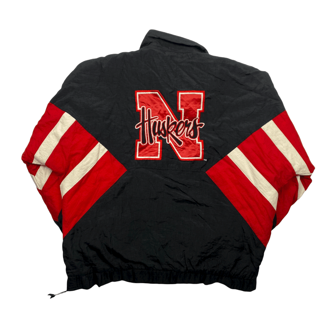 Vintage Black, Red + White Starter Nebraska USA Spell-Out Quarter Zip Coat - Extra Large - The Streetwear Studio