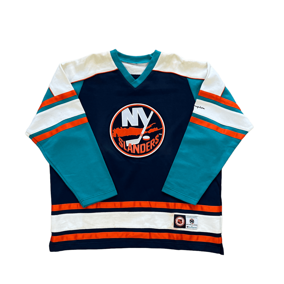 Vintage Blue, Orange + White Champion NHL NY Islanders Sweatshirt - Extra Large - The Streetwear Studio