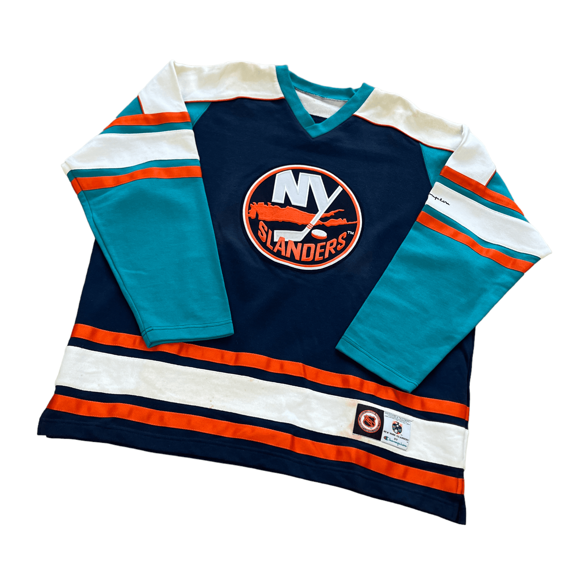 Vintage Blue, Orange + White Champion NHL NY Islanders Sweatshirt - Extra Large - The Streetwear Studio