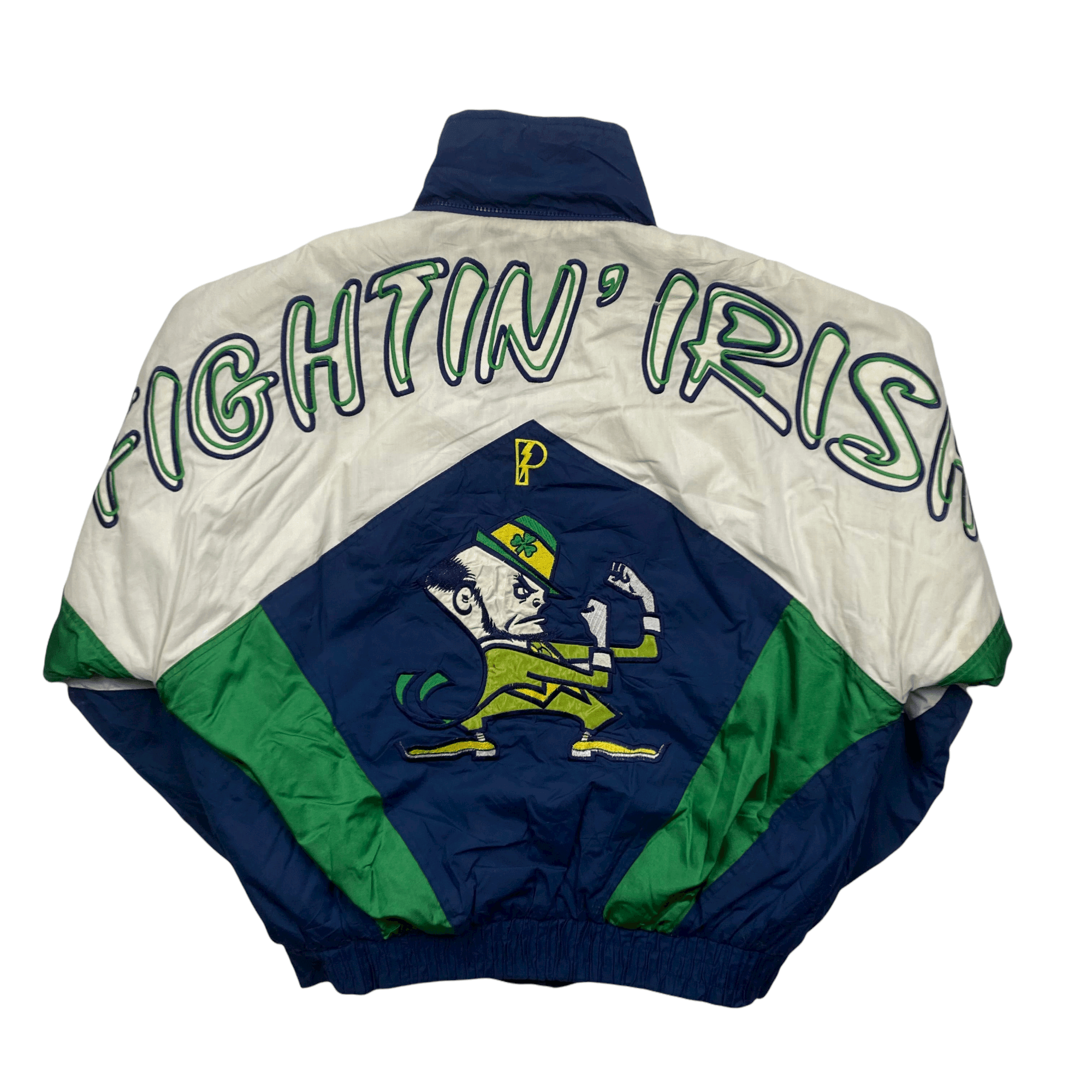 Vintage Blue, White + Green Pro Player University of Norte Dame “Fighting Irish” Coat/ Jacket - Large - The Streetwear Studio