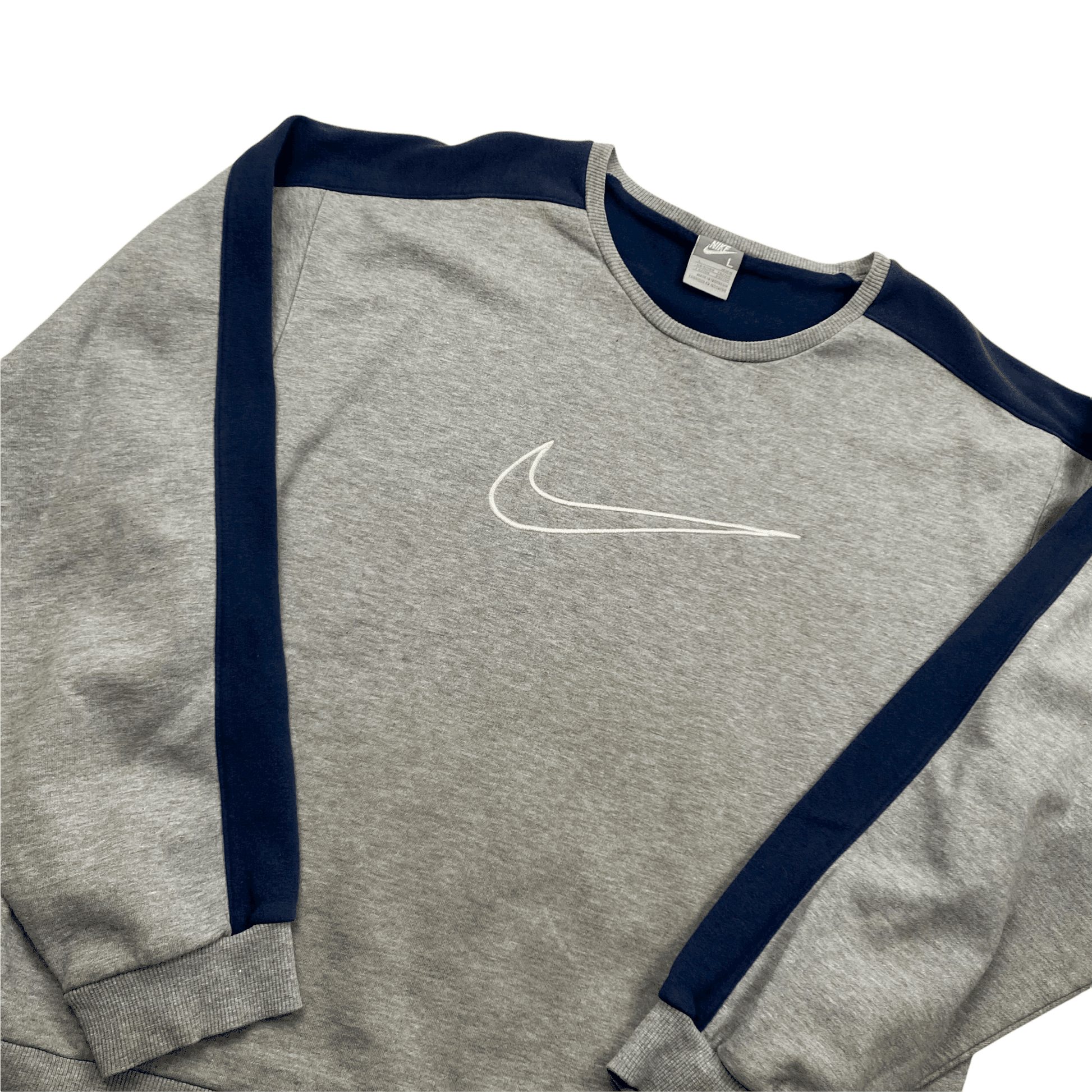 Vintage Grey + Navy Blue Nike Large Centre Logo Sweatshirt - Large - The Streetwear Studio