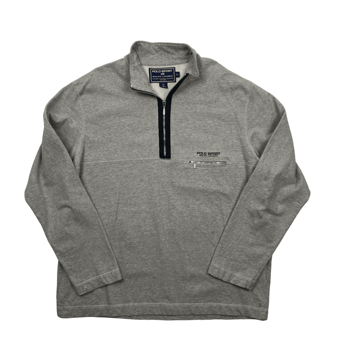 Vintage Grey Ralph Lauren Polo Sport Spell-Out Quarter Zip Sweatshirt - Extra Large - The Streetwear Studio