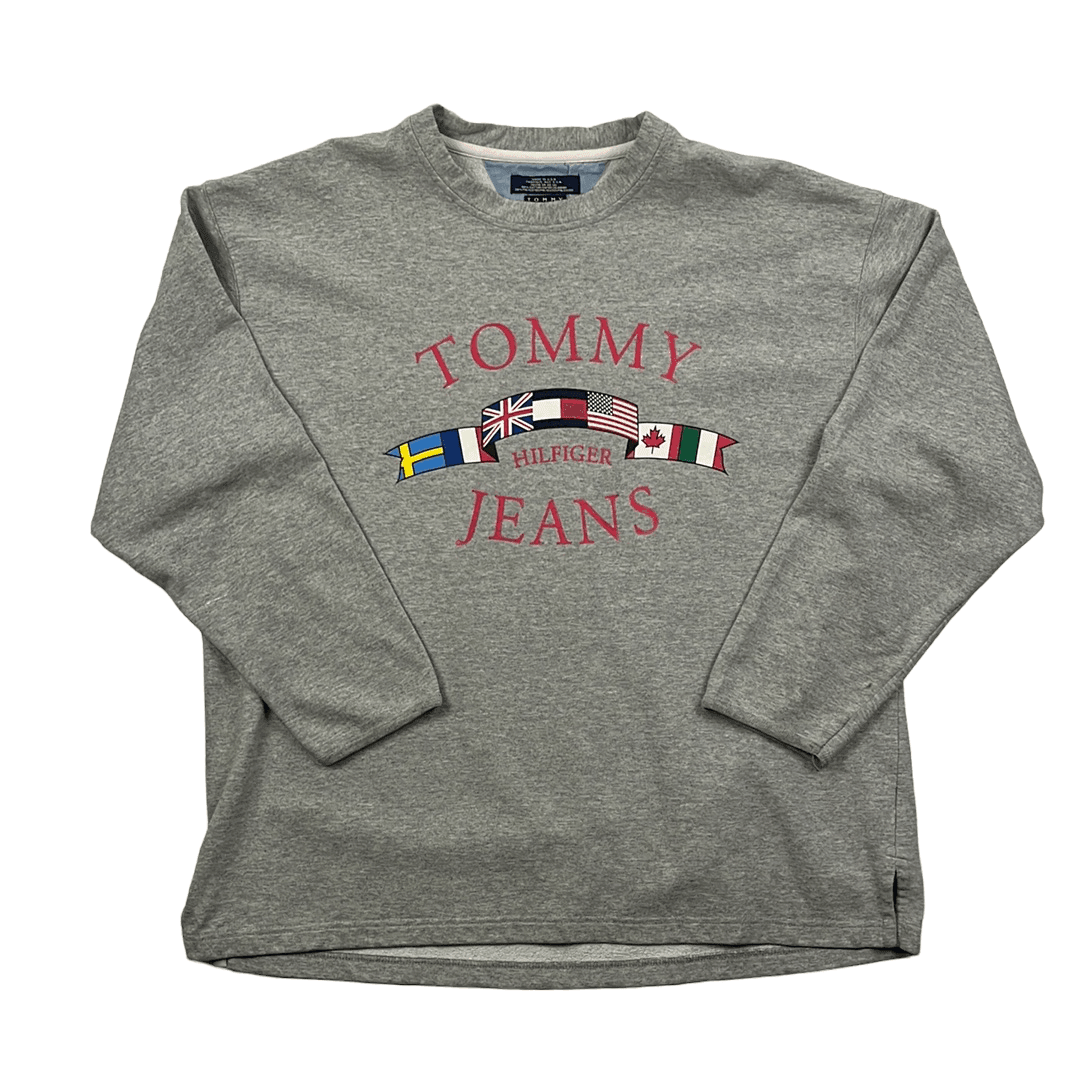 Vintage Grey Tommy Jeans Spell-Out Sweatshirt - Extra Large - The Streetwear Studio