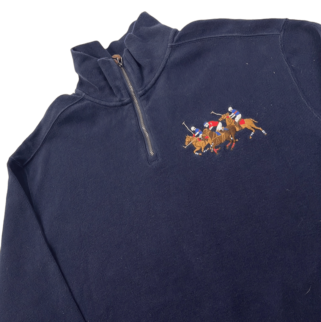 Vintage Navy Blue Polo Ralph Lauren Quarter Zip Sweatshirt - Extra Large - The Streetwear Studio