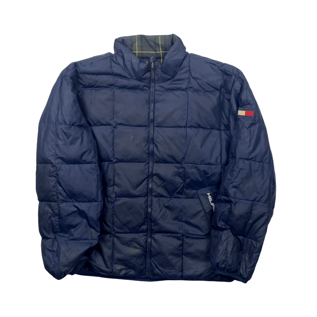 Vintage Navy Blue Reversible Tommy Hilfiger Spell-Out Puffer Coat/ Jacket - Extra Large - The Streetwear Studio