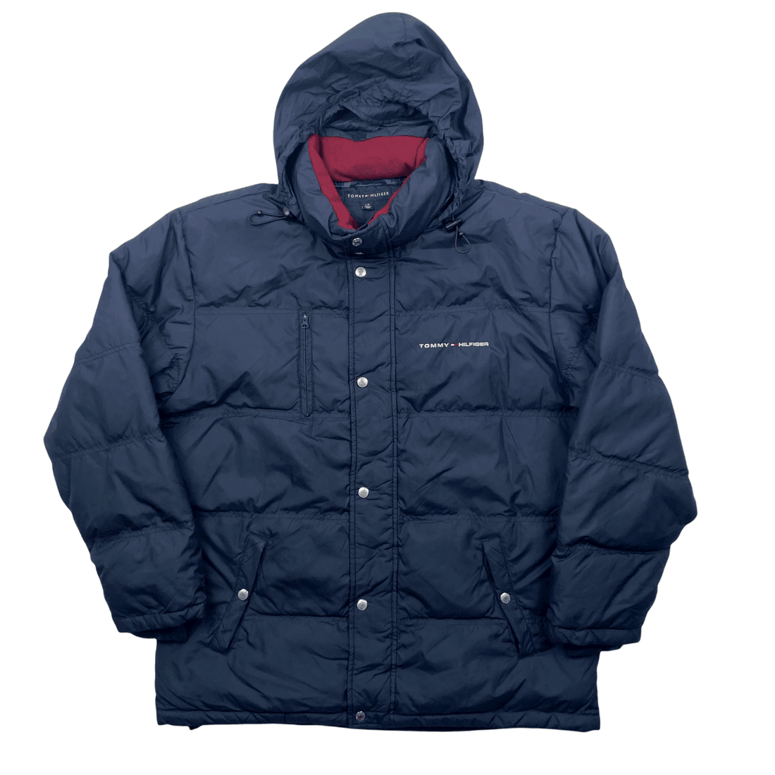 Vintage Navy Blue Tommy Hilfiger Spell-Out Puffer Coat/ Jacket - Large - The Streetwear Studio