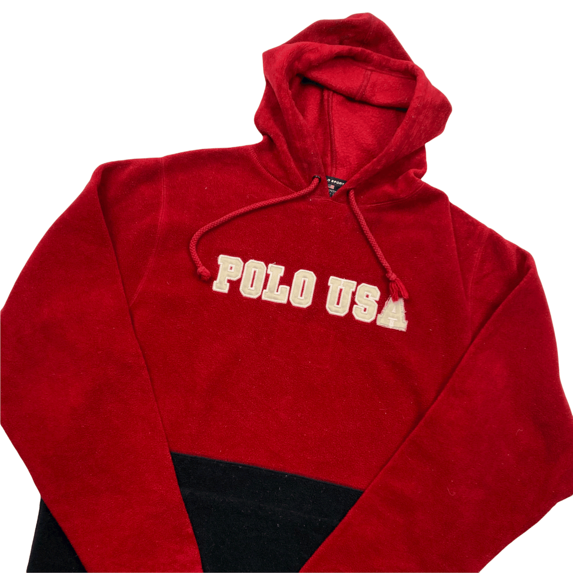 Vintage Red + Black Ralph Lauren Polo Sport USA Spell-Out Fleece Hoodie - Recommend Size - Small - The Streetwear Studio