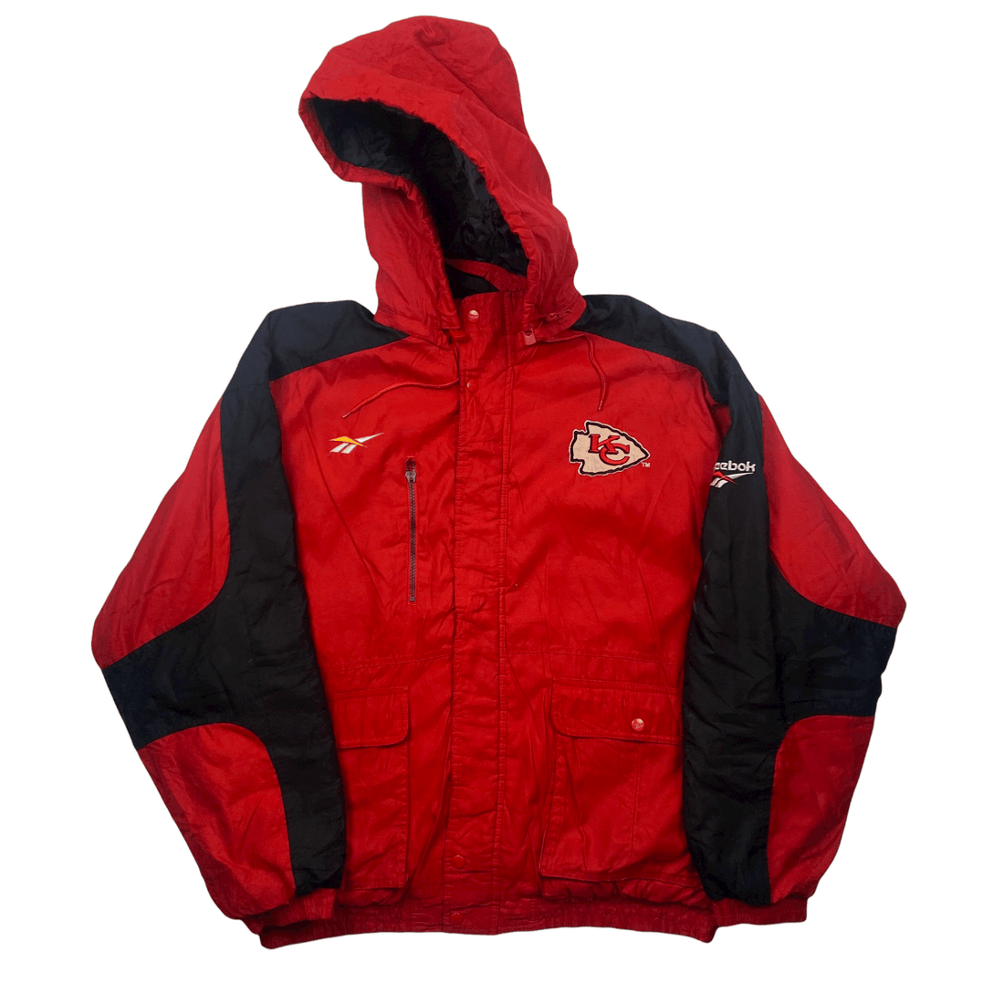 Vintage Red + Black Reebok NFL Pro Line Kansas City Chiefs Large Logo Spell-Out Jacket - Extra Large - The Streetwear Studio