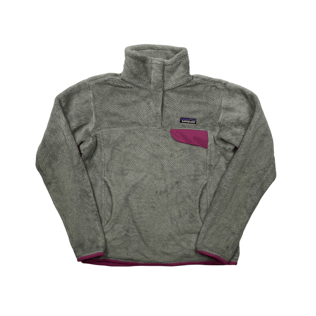 Vintage Women's Grey + Pink Patagonia Spell-Out Quarter Button Fleece - Small - The Streetwear Studio