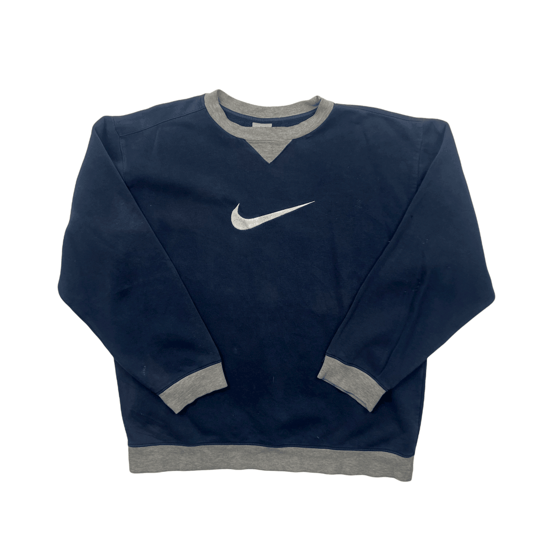 Vintage Women’s Navy Blue + Grey Nike Large Centre Swoosh Sweatshirt - Extra Large - The Streetwear Studio
